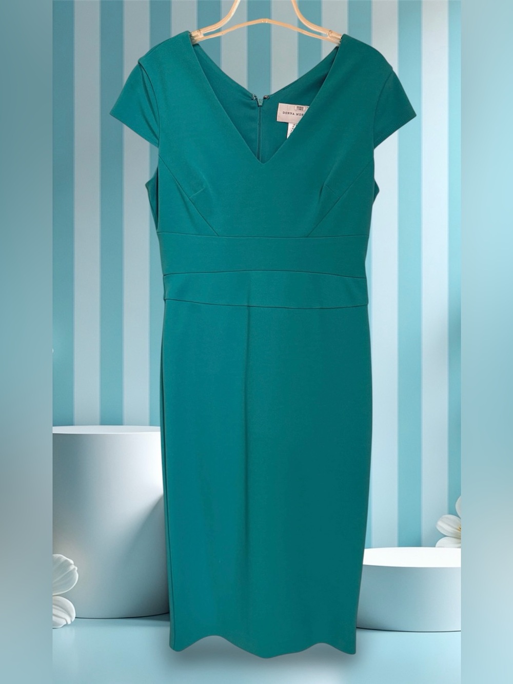 Donna Morgan Teal Cap-Sleeve Sheath Dress, Stretch, Lined, Back Zip, Sz 6